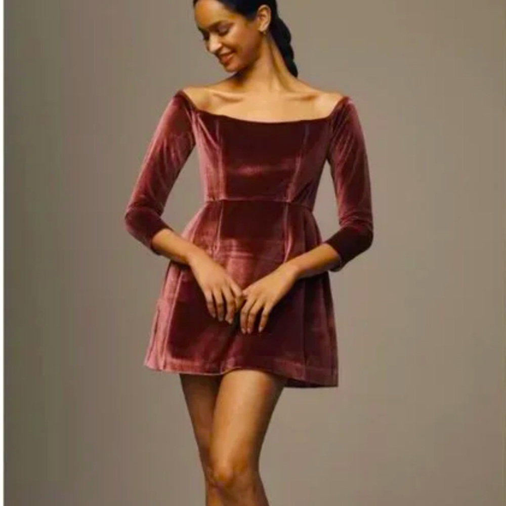 Anthropologie Velvet Off-Shoulder Mini Dress in Burgundy